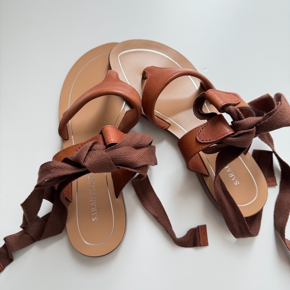 Sarah Flint Tan Sandals with Bow Accent